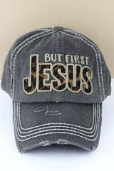 Distressed Black with Leopard 'But First Jesus' Cap