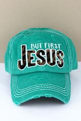 Distressed Turquoise with Leopard 'But First Jesus' Cap